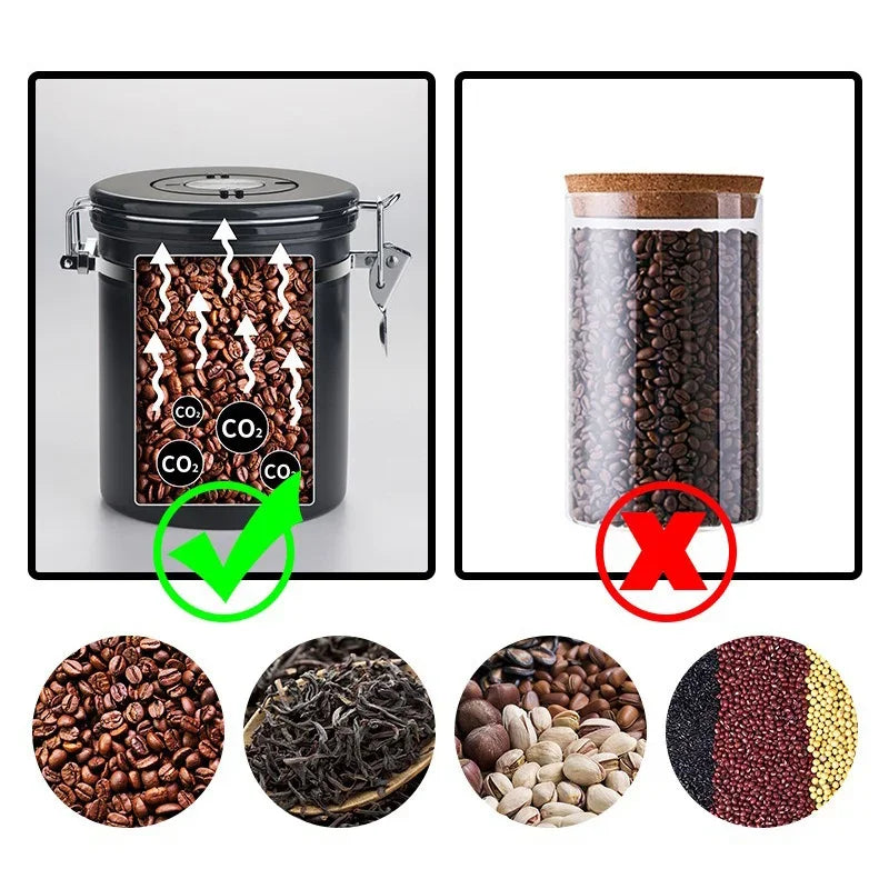 Récipient à Café Hermétique 1,8 L en Acier Inoxydable 304 – Boîte de Stockage Sous Vide avec Cuillère Doseuse