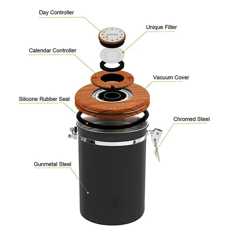 Récipient à Café Hermétique 1,8 L en Acier Inoxydable 304 – Boîte de Stockage Sous Vide avec Cuillère Doseuse